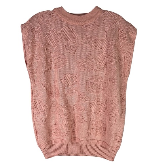 Sweater Bazaar Vintage 80s 90s Sweater Vest Women’s L Pink Textured Floral Knit - Picture 1 of 10